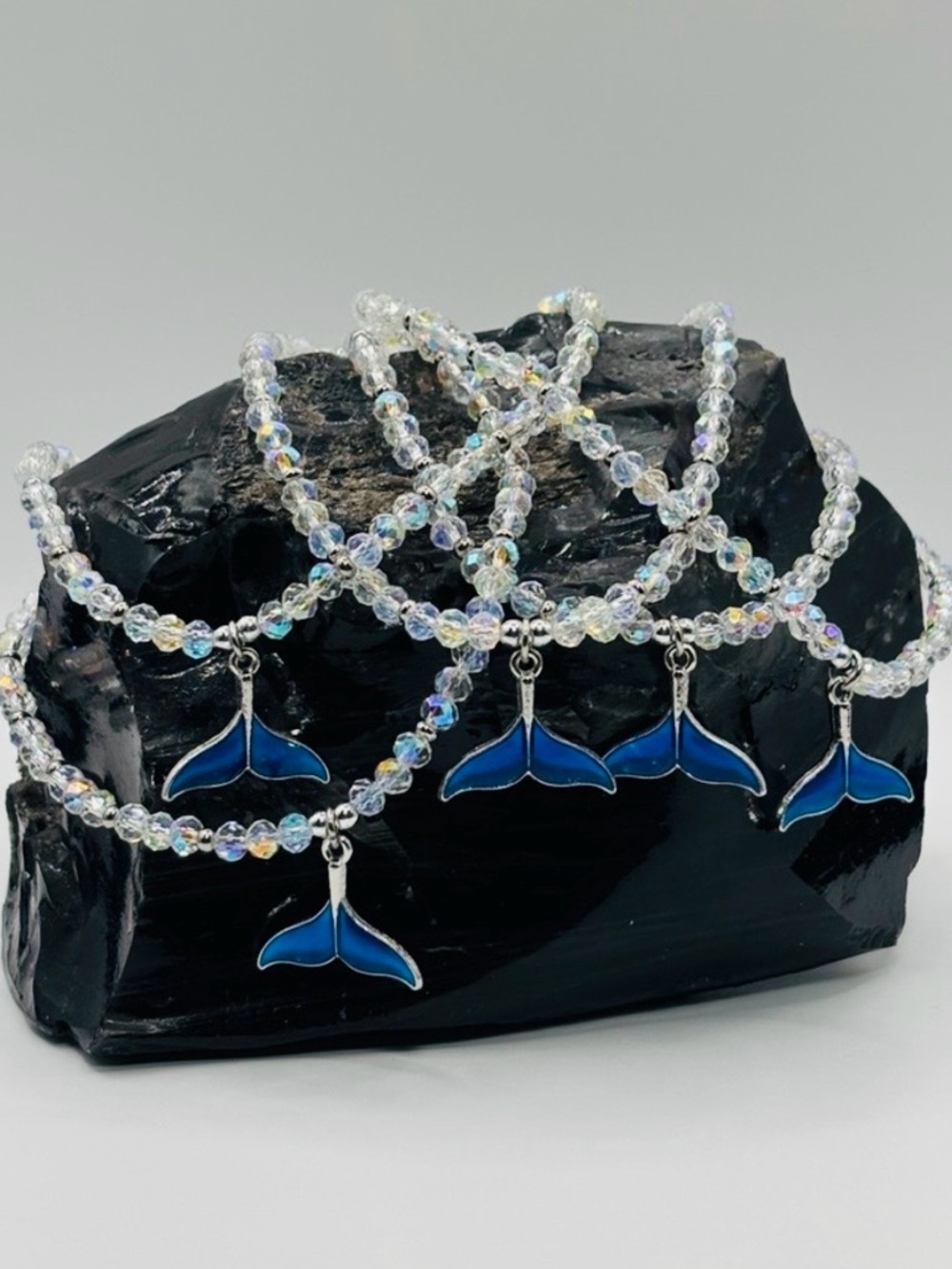 *ANKELT* Whale Tail & AB Crystal Blue Stretchy Anklet